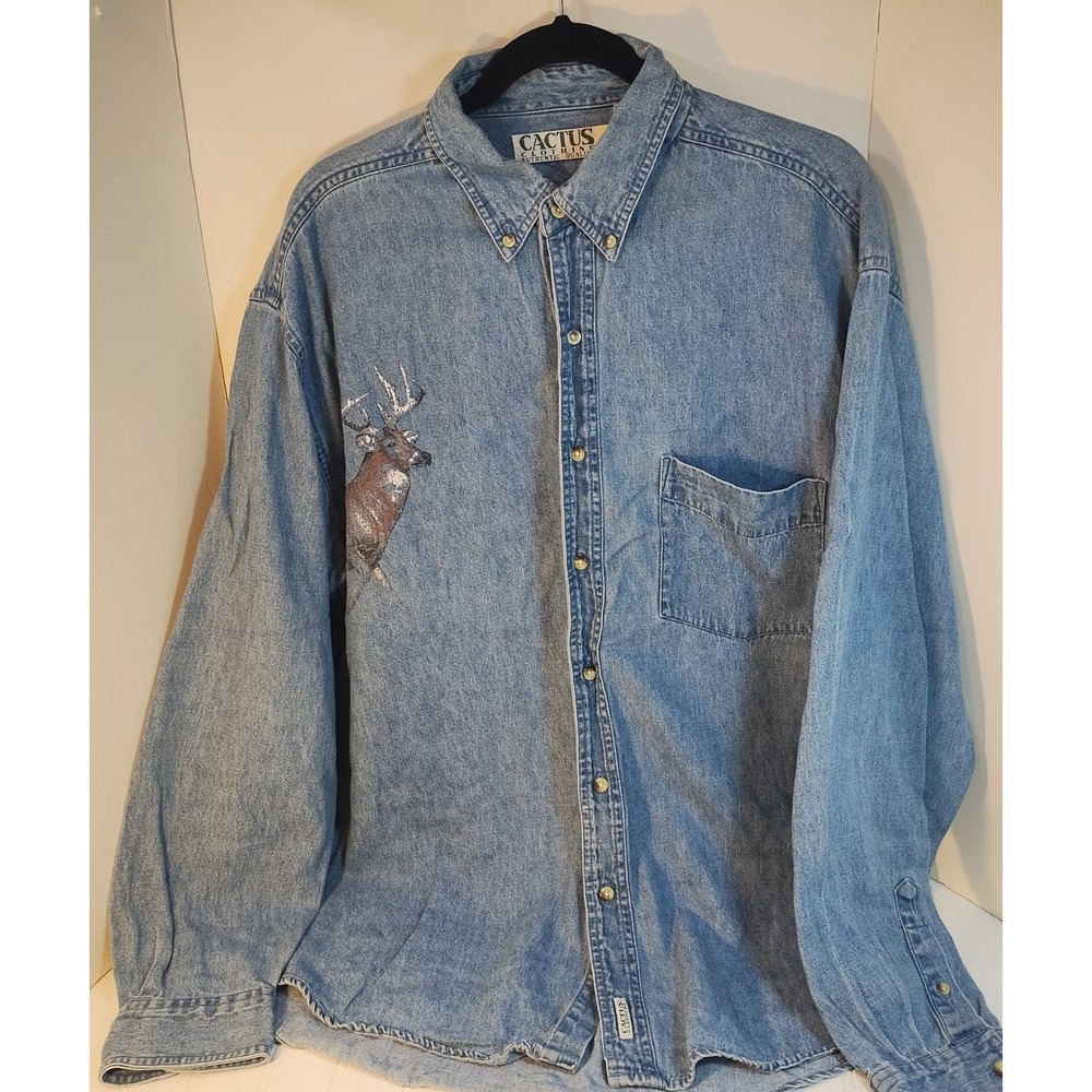 Cactus Clothing Mens LG Vintage Deer Graphic Denim Linen Blend Button Up Shirt